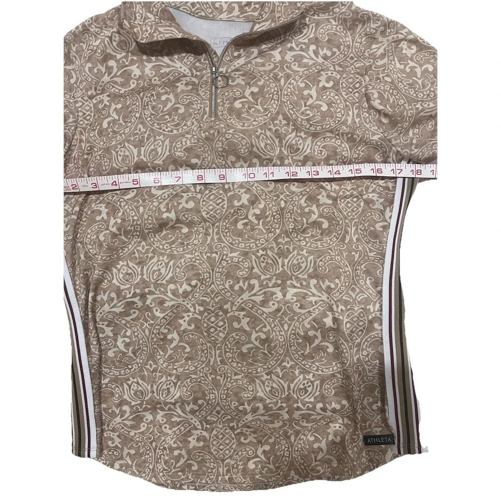 ATHLETA Quarter Zip Athletic Top Tan Cream Damask Print Striped Made In US Sz M - Picture 5 of 8